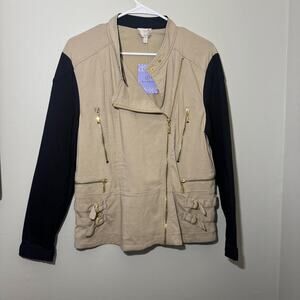 Hot in Hollywood Moto Jacket Two Tone Tan Black Asymmetrical Zip Peplum Large